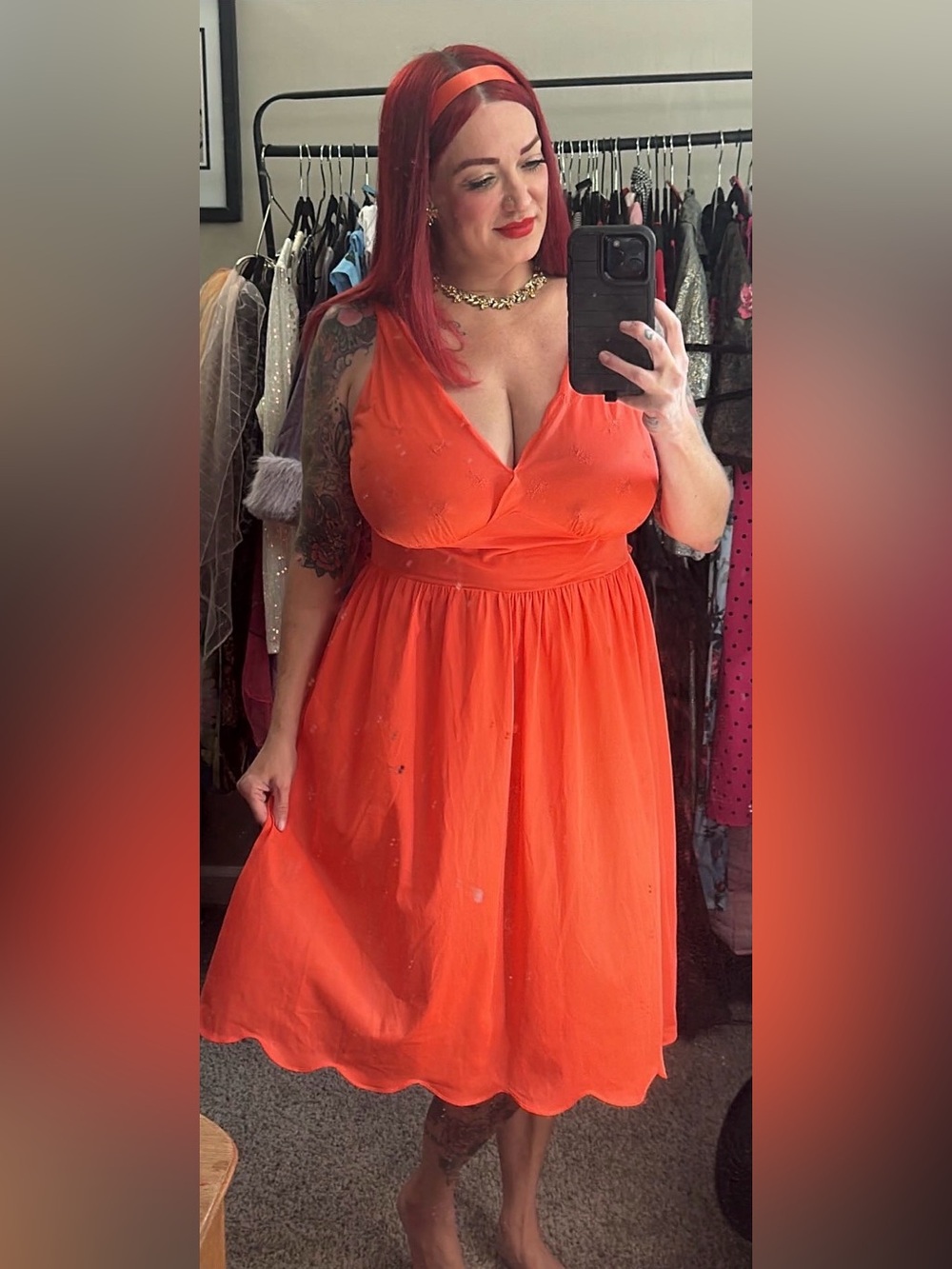 Bright Coral V-Neck Sleeveless Vintage Nightgown